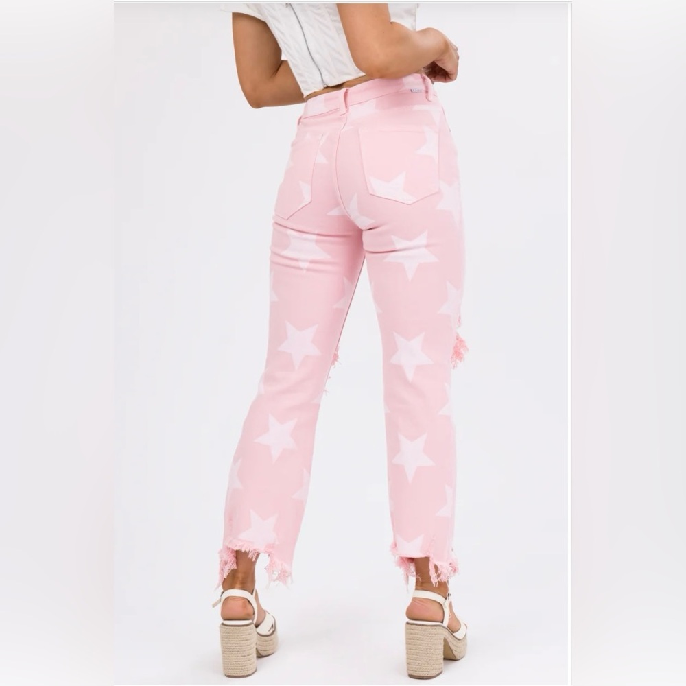 Risen Baby Pink Star Print High Rise Jeans - Picture 2 of 14